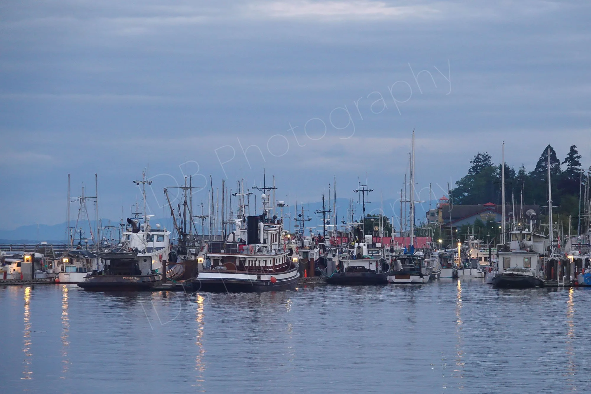 A twilight image of a group of moored fishing boats, with calm waters and light reflections; south east Vancouver Island, BC, Canada.