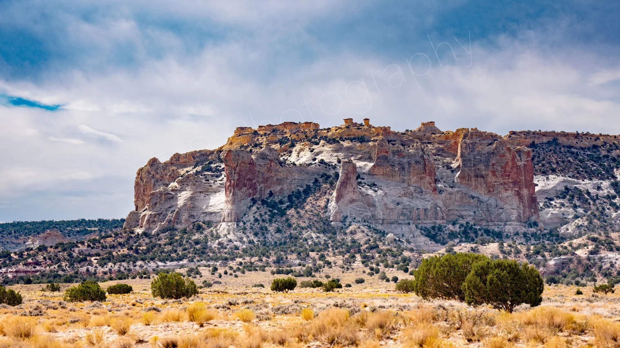 A flat-topped sandstone mesa with irregular pink, red and orange cliffs with a golden grass foreground and cloudy blue sky near Page, Arizona.