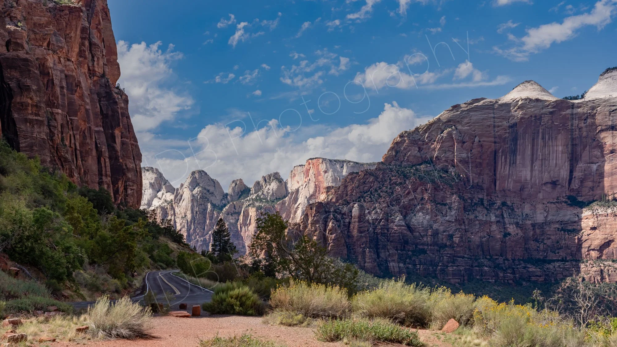 Zion National Park, Utah, featuring towering red and cream sandstone cliffs, a winding mountain road, green desert vegetation under a cloudy blue sky.
