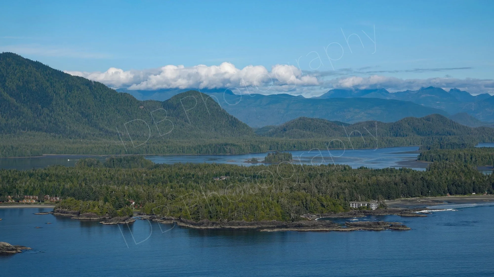 An aerial view of  Clayoquot Sound near Tofino, Vancouver Island, BC.  with forested peninsulas, calm inlets, and distant mountain ranges. Blue sky background.