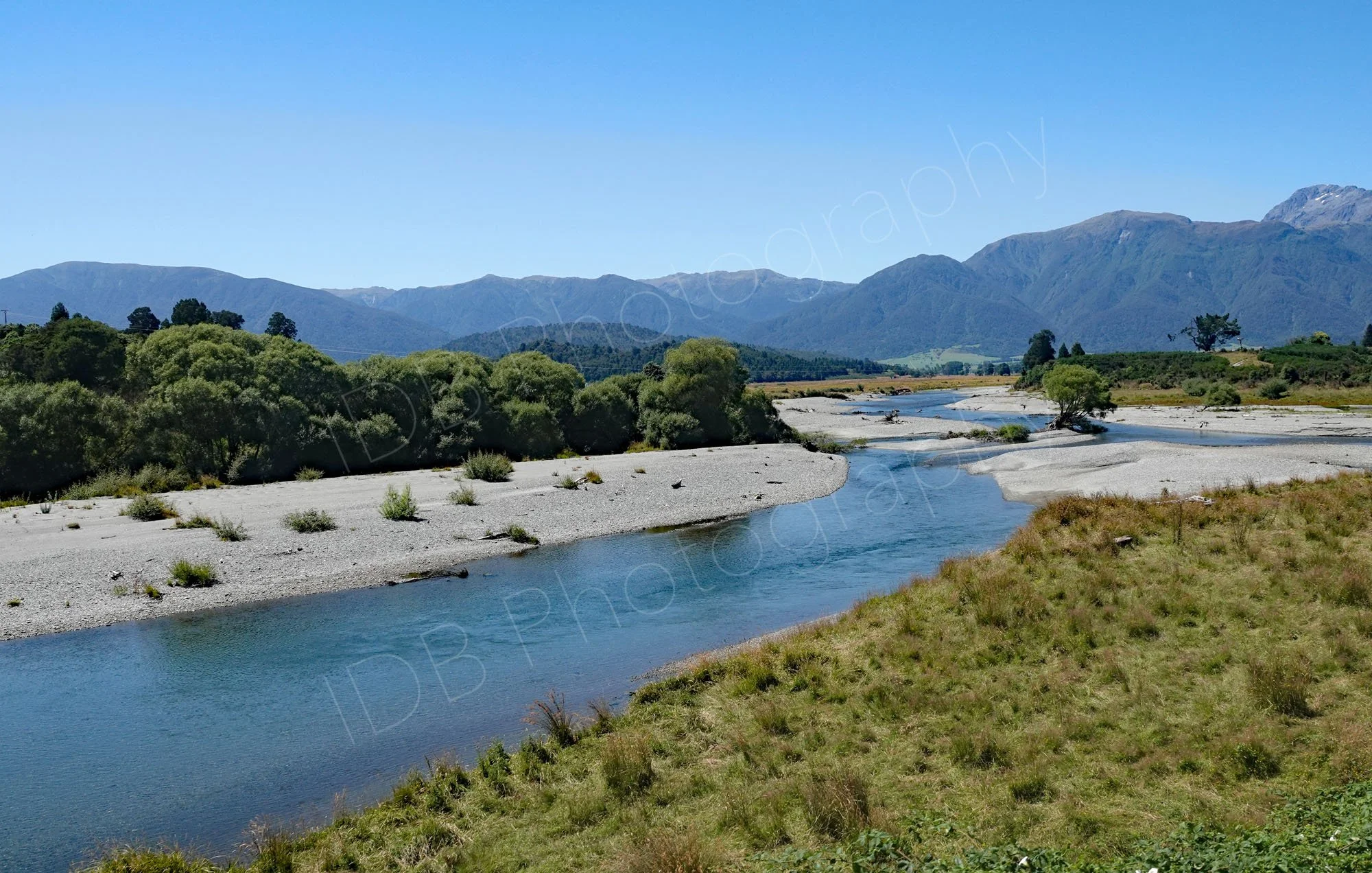 Waimakariri River, Canterbury, New Zealand, with greenery and a mountain background with blue sky.