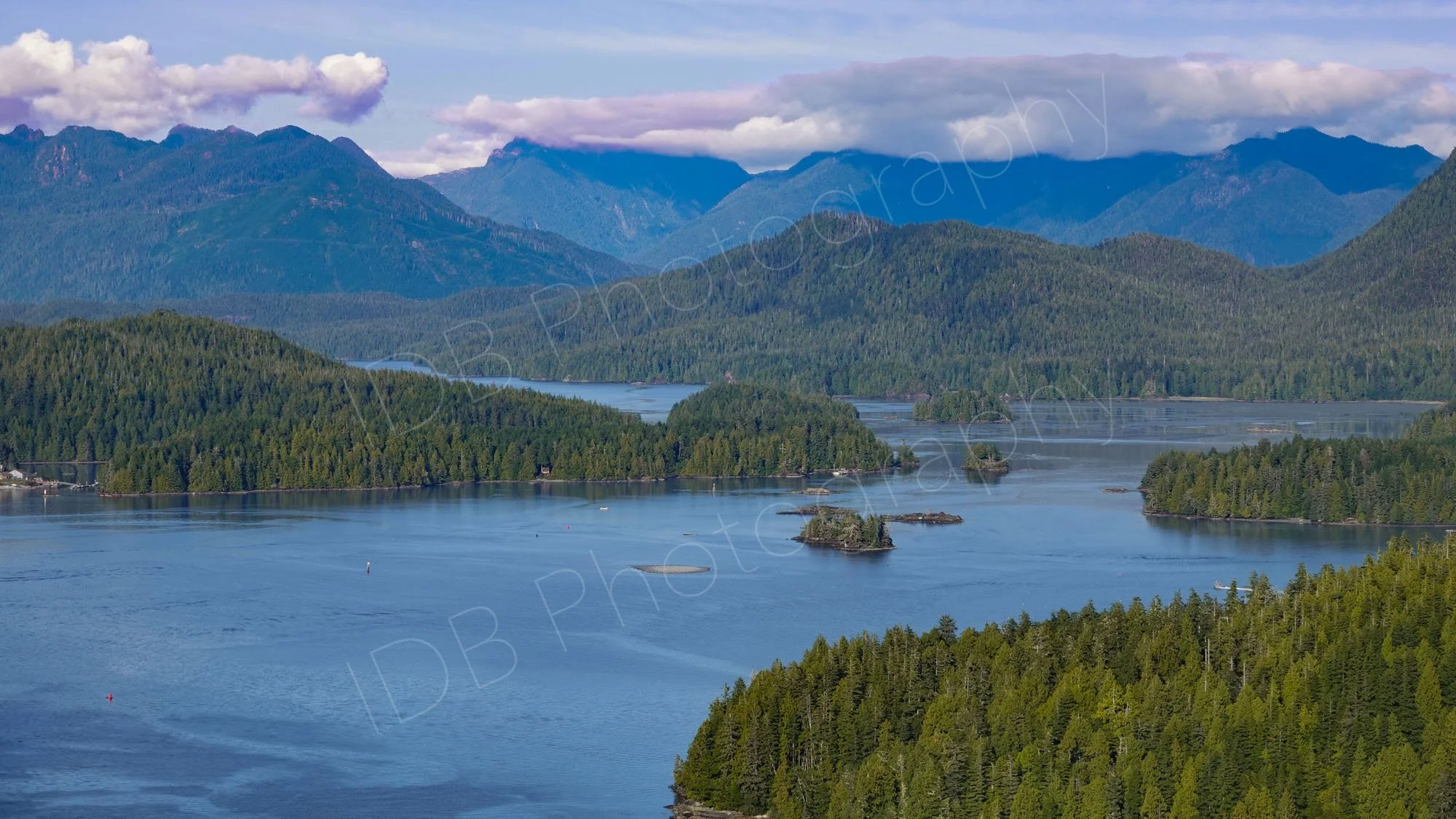 An aerial view of  Clayoquot Sound near Tofino, Vancouver Island, BC.  with forested islands, and distant mountain ranges. Blue sky background.