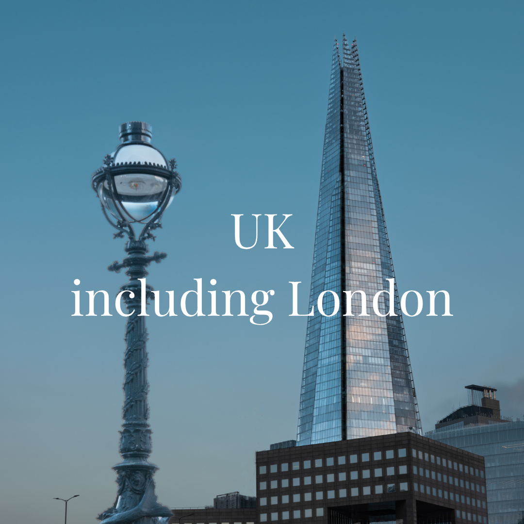 Photograph of the London skyline featuring the Shard skyscraper and a decorative street lamp, with the words 'UK including London' overlaid.