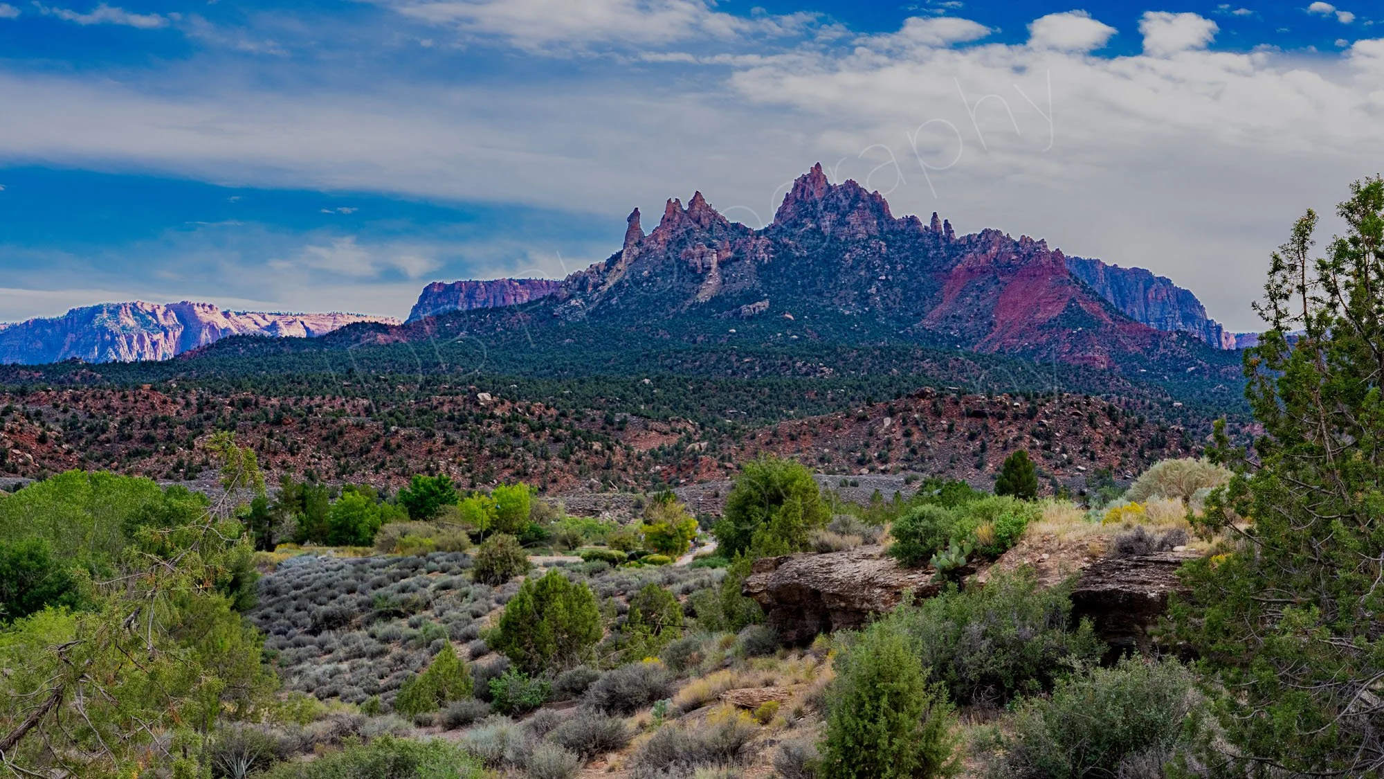 A spiky red rock Eagle Crags with green tree coverage, scrubby desert foreground and cloudy blue sky background just outside Zion National park, Utah.