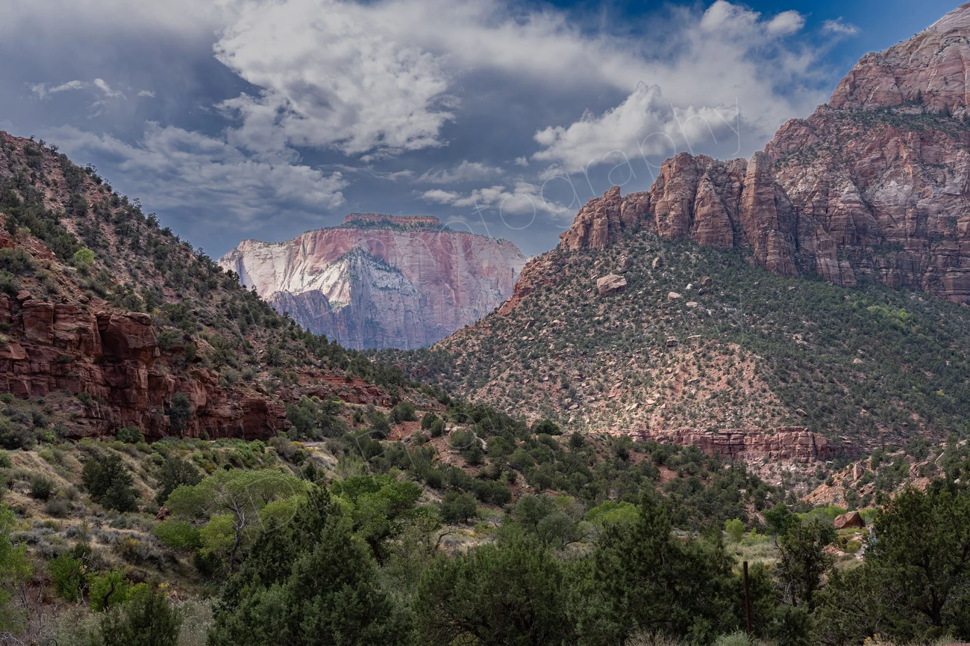 Red rock cliffs, green valley brush, and the prominent mass of The East Temple in the background under a cloudy sky at Zion National Park.1.