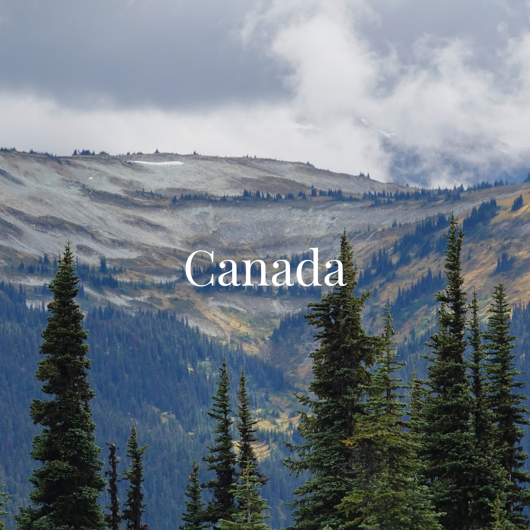 A scenic mountain landscape in Canada with evergreen trees in the foreground and rugged mountains with patches of snow in the background, under a cloudy sky.