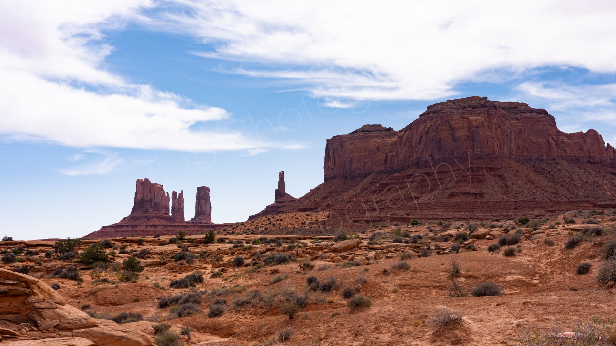 A rugged red-sandstone landscape of Monument Valley with dramatic rock buttes and spires and sparse desert vegetation; cloudy blue sky..