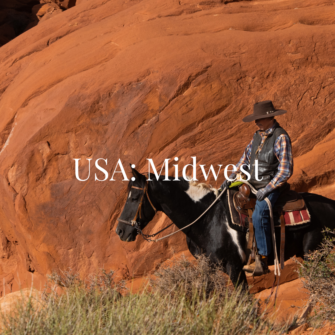 A person riding a horse in a desert landscape with large red rock formations, wearing a wide-brimmed hat, plaid shirt, vest, and gloves. The scene is labeled "USA: Midwest."