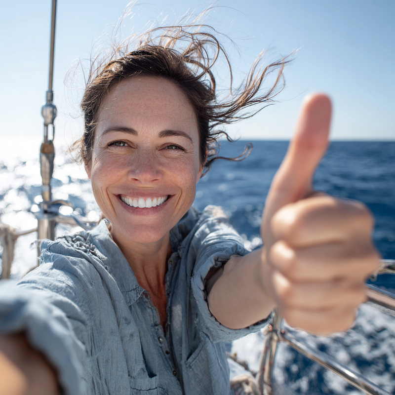 Femme de 40 ans au bord de l’eau, sourire lumineux illustrant des soins dentaires préventifs et esthétiques proposés par le cabinet dentaire.