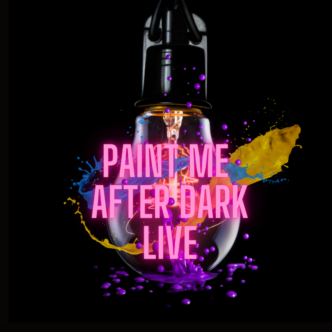 A microphone with colorful splash effects and neon pink text reading "Paint Me After Dark Live".