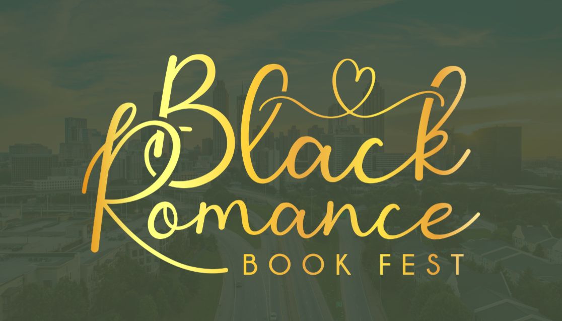 Graphic for Black Romance Book Fest with city skyline background and stylized yellow and orange text.