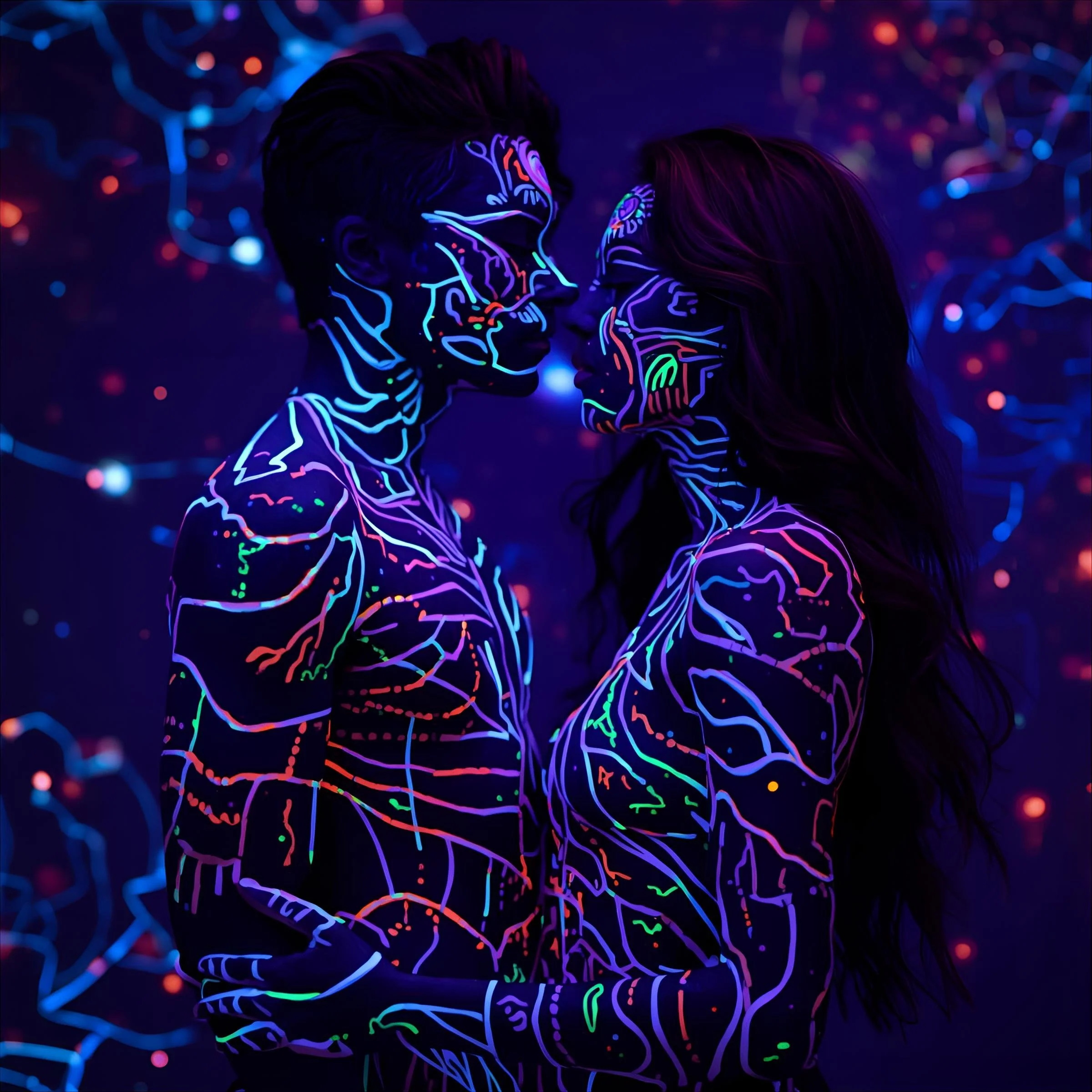Two people with glowing body paintings on their faces and bodies in a dark room with colorful lights and abstract patterns.