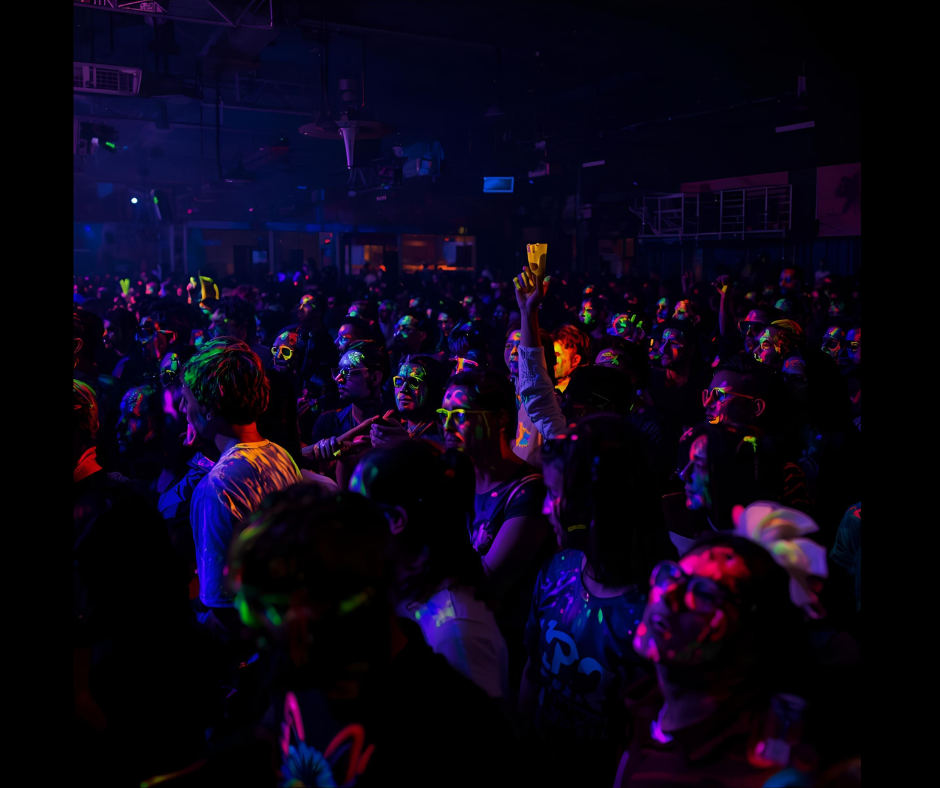 Crowd of people at a dance party with glow-in-the-dark face paint and accessories, colorful lighting effects
