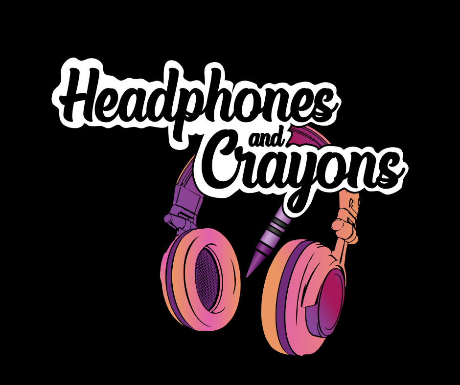 Design featuring a pair of pink-orange headphones with the text 'Headphones and Crayons' above them, on a black background.