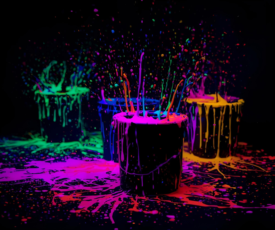 Colorful splashes of neon paint exploding from three black cans against a dark background.