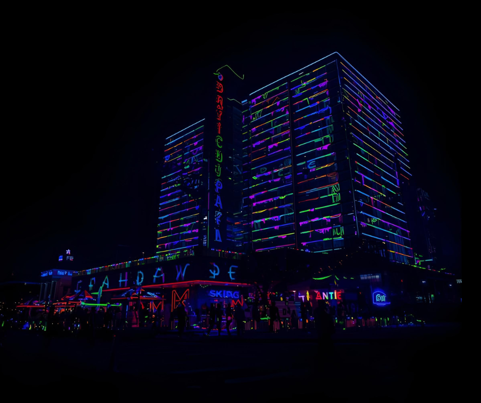 Night view of a building decorated with colorful neon lights and signs.