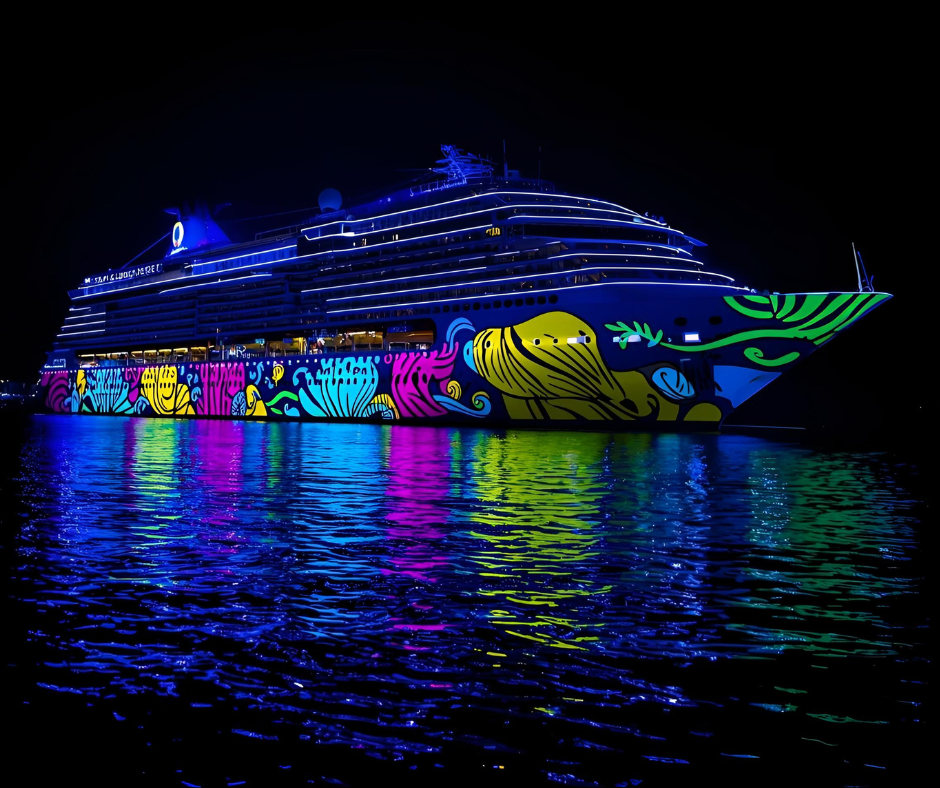 A cruise ship decorated with colorful, illuminated artwork at night, reflecting on the water.
