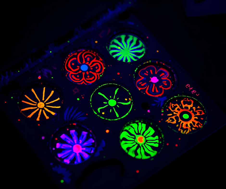 Glow-in-the-dark painting palette with colorful circular designs under blacklight.