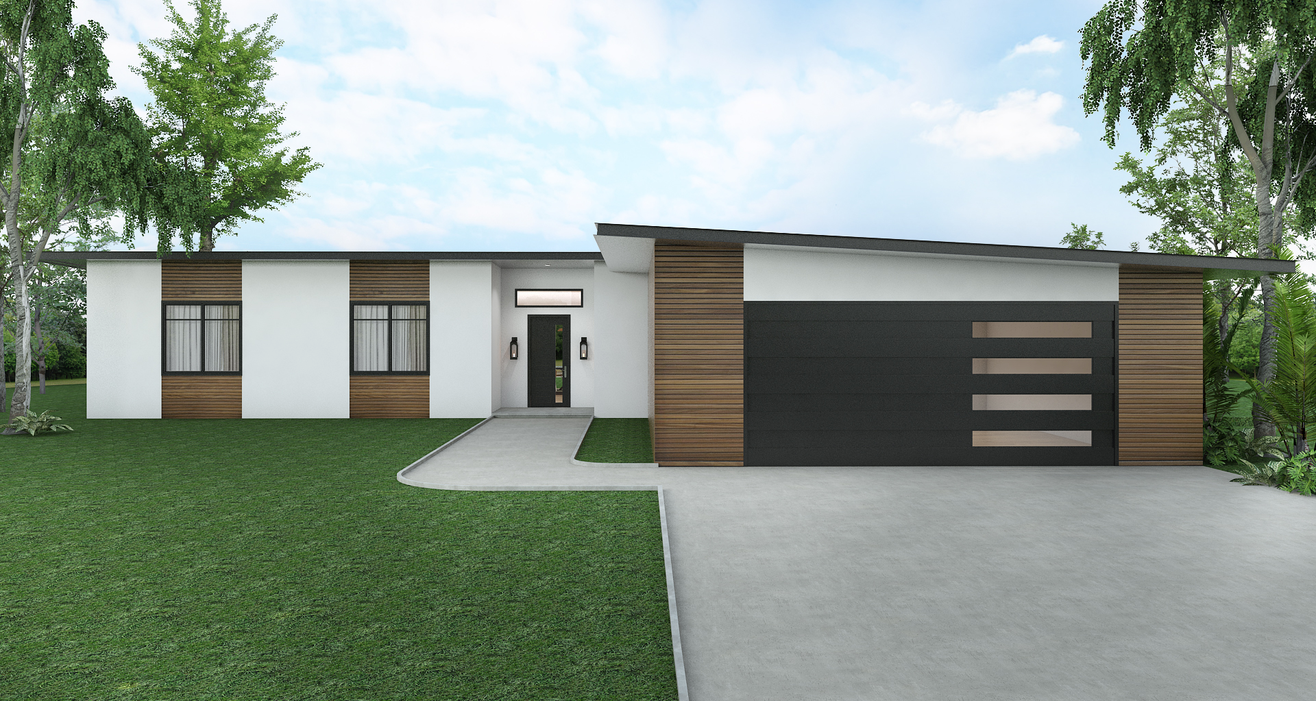 Modern single-story house with white and wood exterior, black garage door with horizontal windows, front pathway, and surrounding greenery