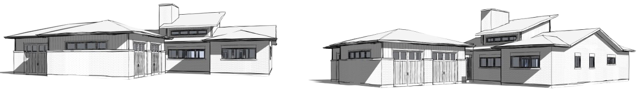 A black and white architectural rendering of a modern multi-story house with multiple rooflines, large windows, and a garage on the right side.