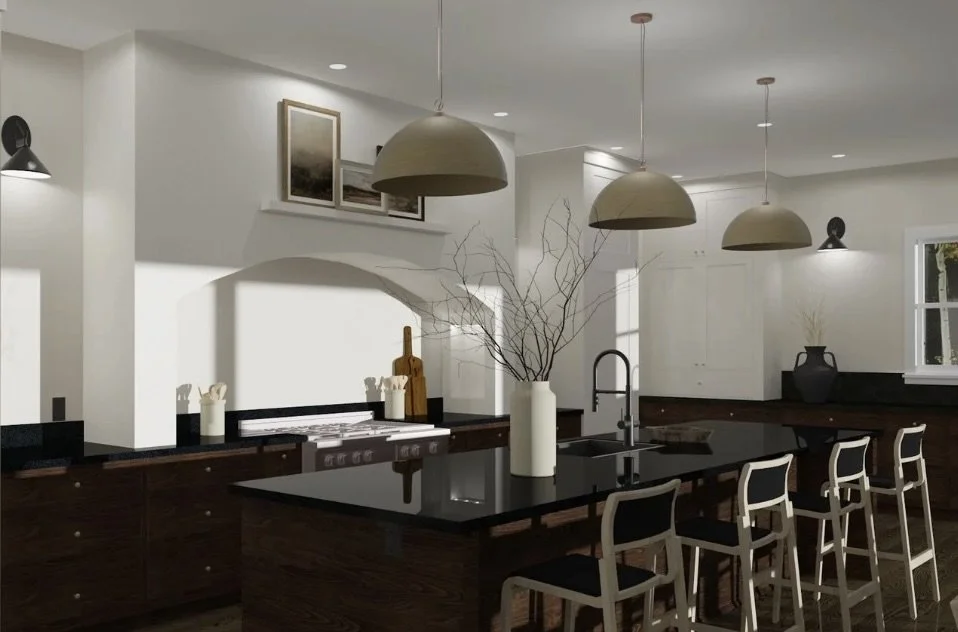 Modern kitchen with black countertops, white cabinetry, bar stools, pendant lights, a vase with bare branches, and a window with natural light.