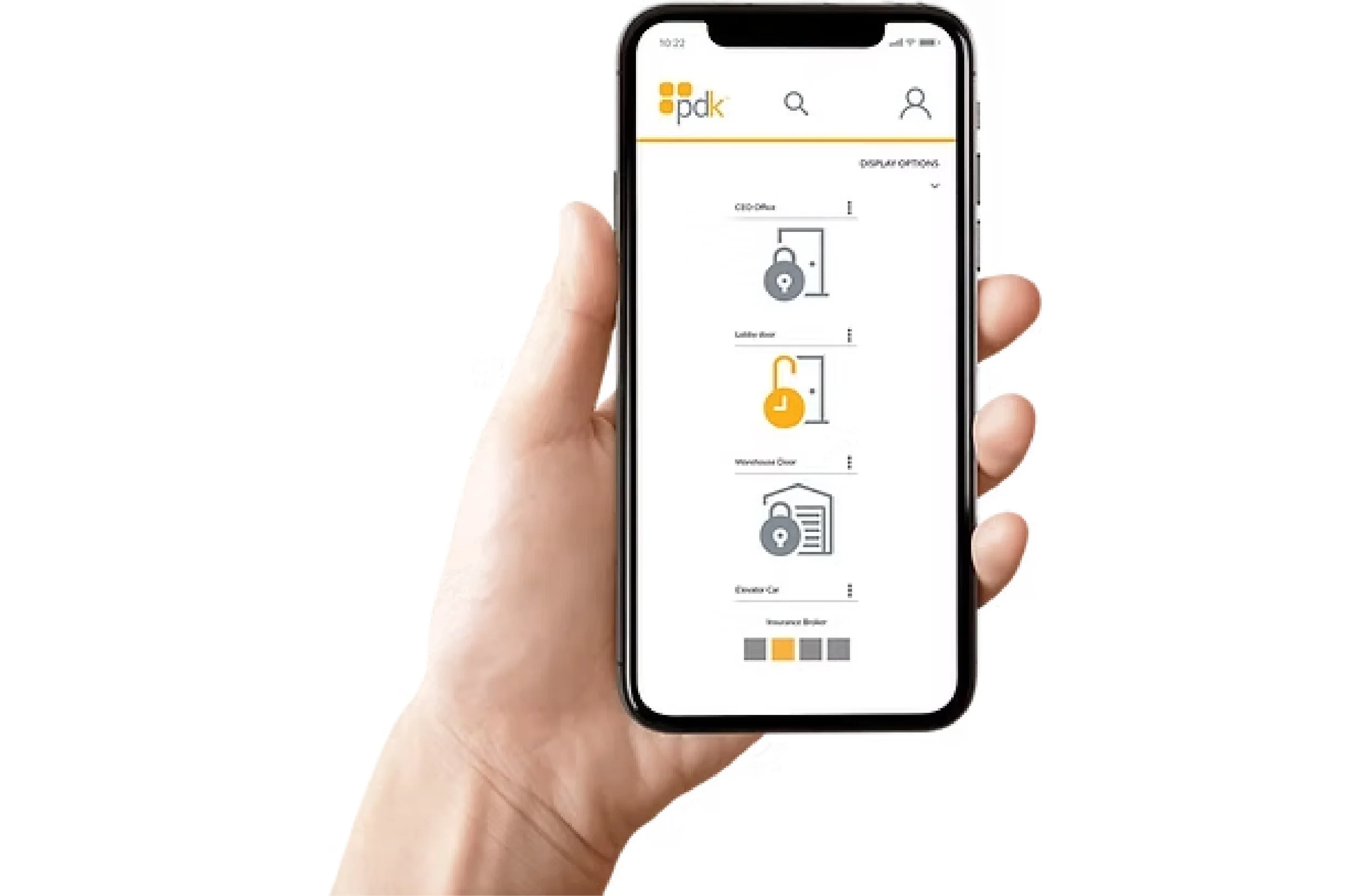 A smartphone held in a person's left hand showing an app interface with icons and options for configuring and customizing security and access control features, including lock icons, temperature settings, and color themes.