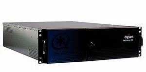 A black electronic server rack mounted in a metal frame.