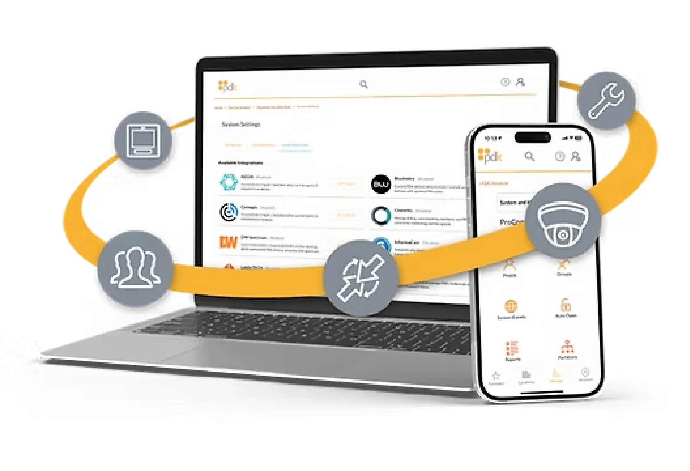 A laptop and a smartphone displaying enterprise management apps, connected by a yellow curved line with icons representing tools, user management, security, and analytics.