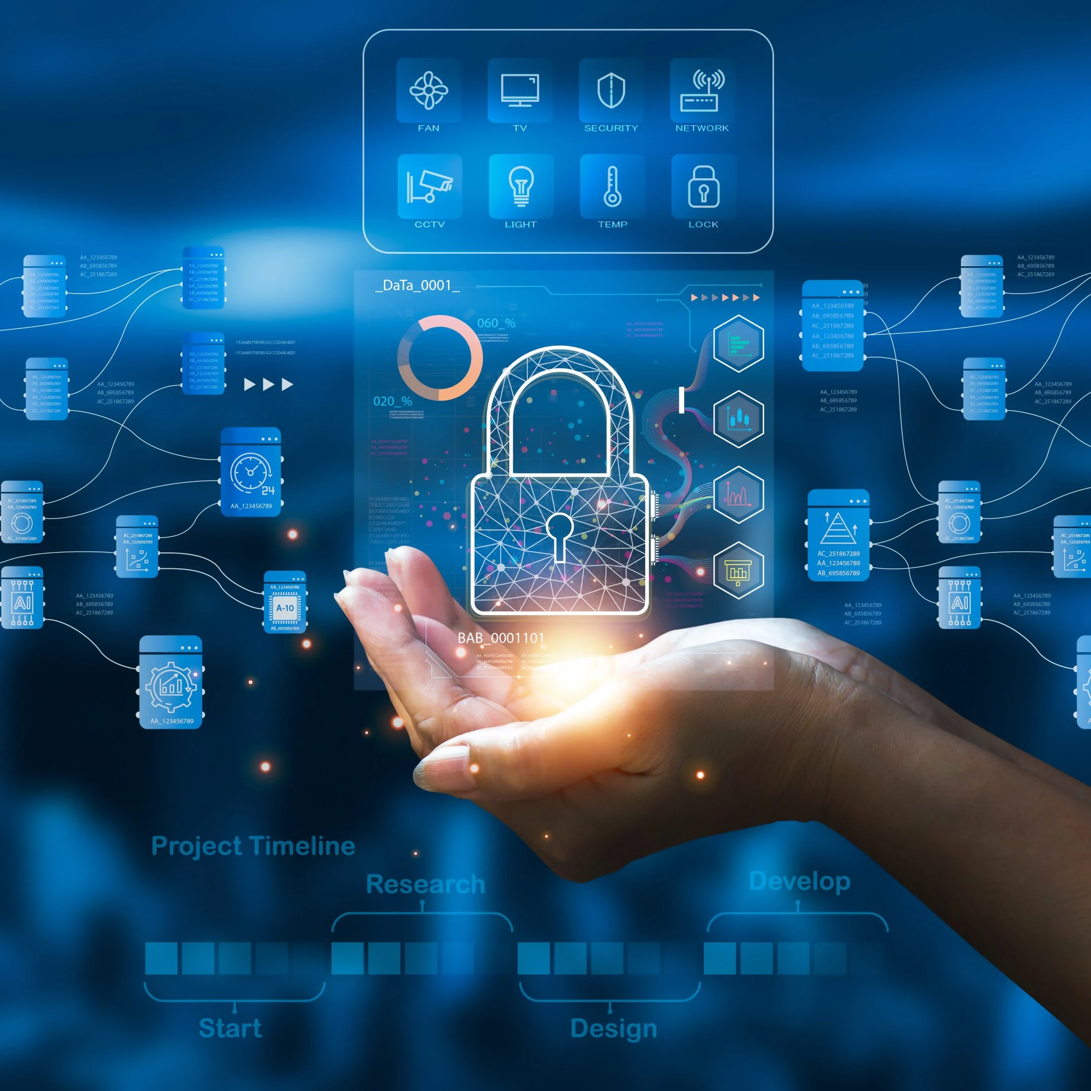 A person holding their hand out with a digital overlay of a padlock symbol, representing cybersecurity, along with various icons related to technology and data security in a futuristic style.
