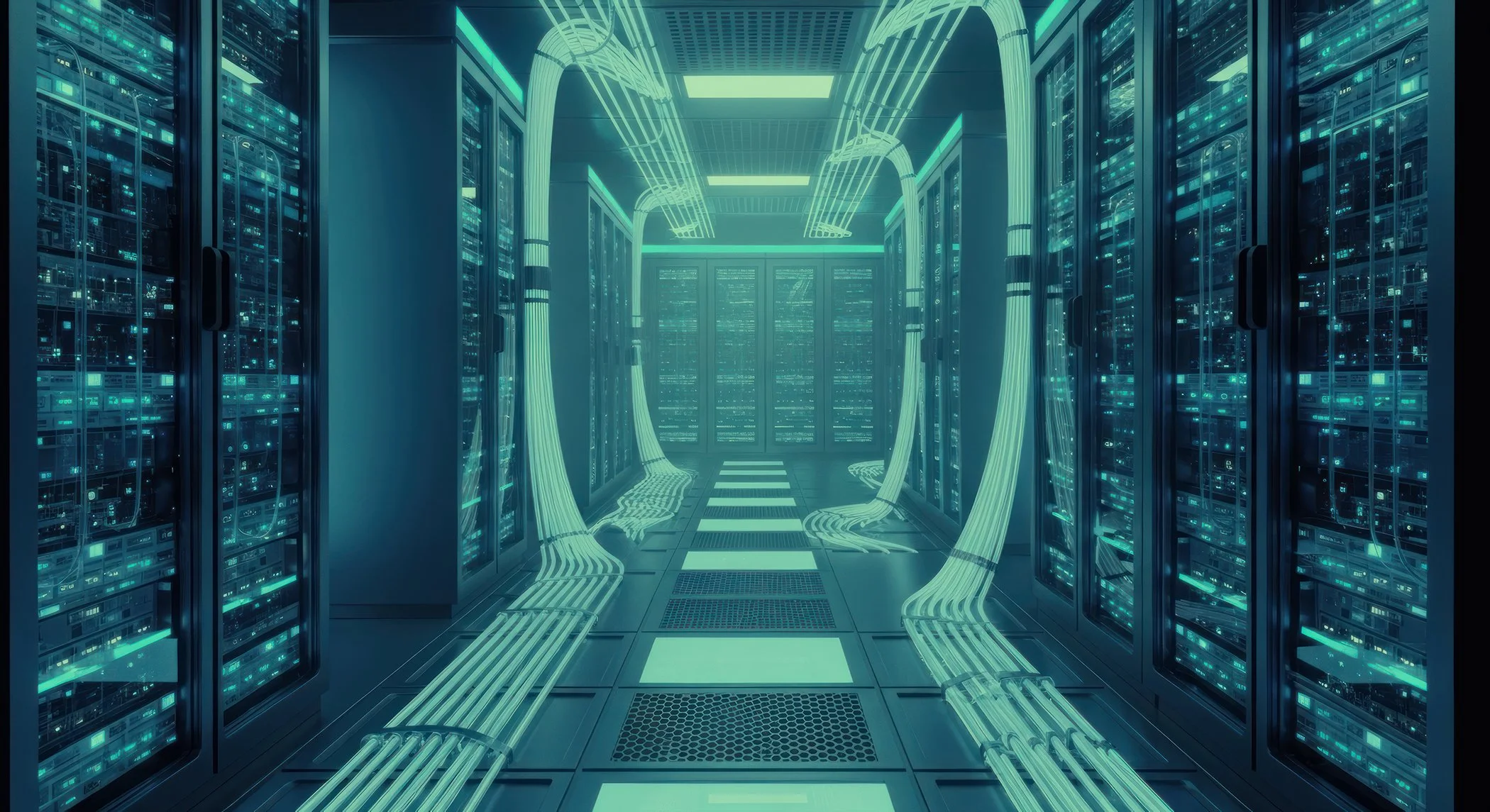 A futuristic data center with glowing blue servers and cables running along the walls and floor.