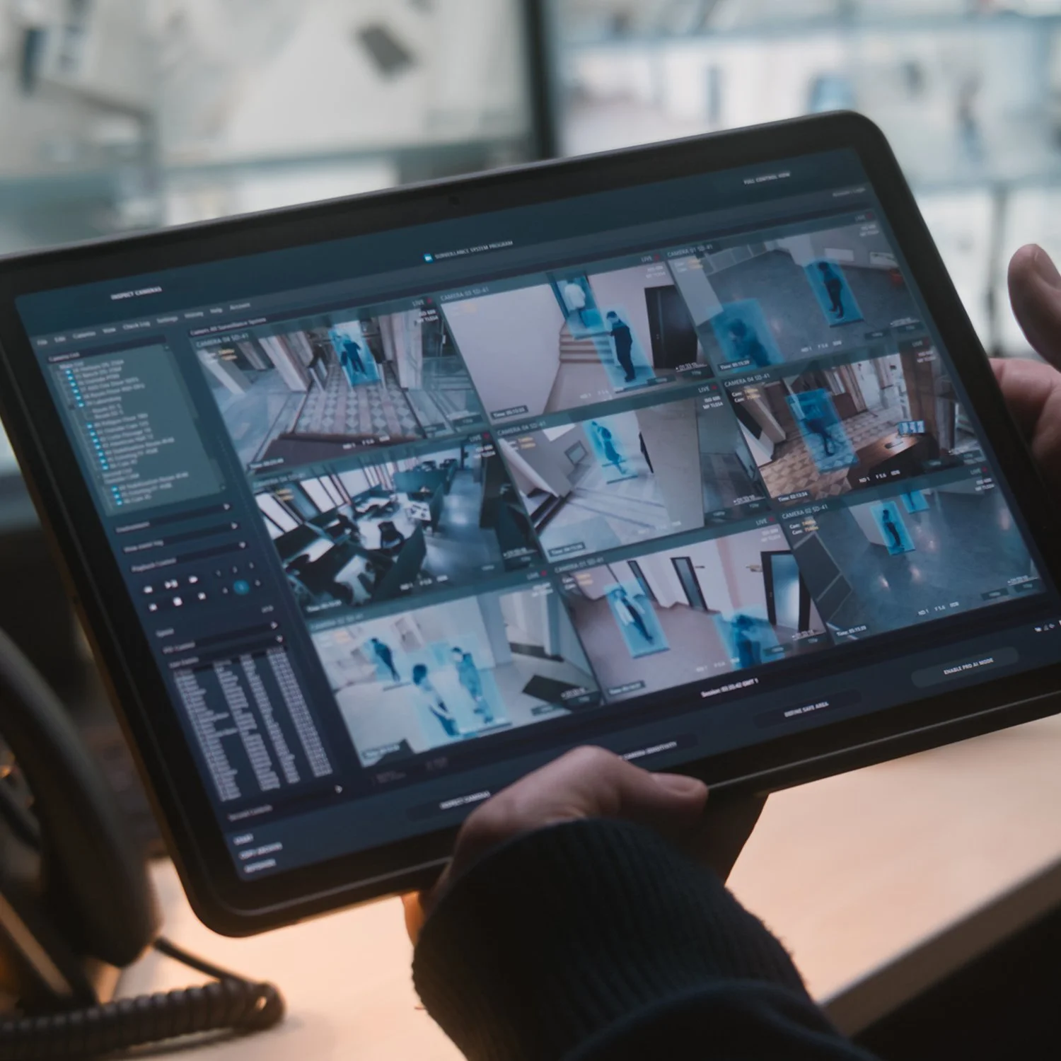A person holding a tablet displaying security camera footage of multiple indoor locations with blue outlines of detected people.