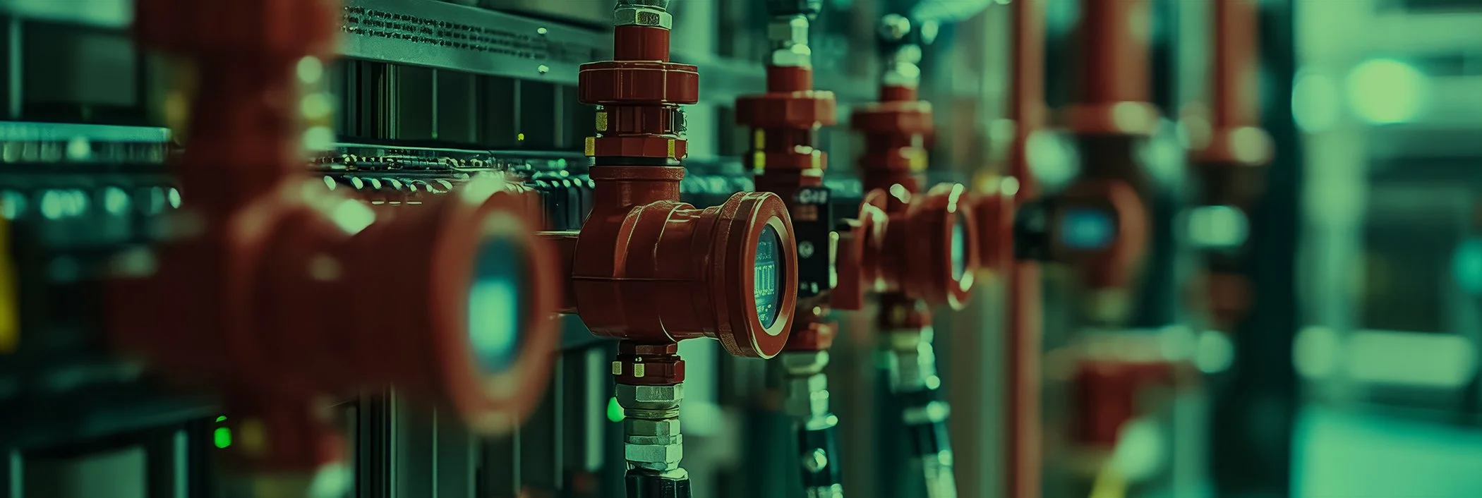 Close-up view of red industrial water valves or pumps on a control panel.