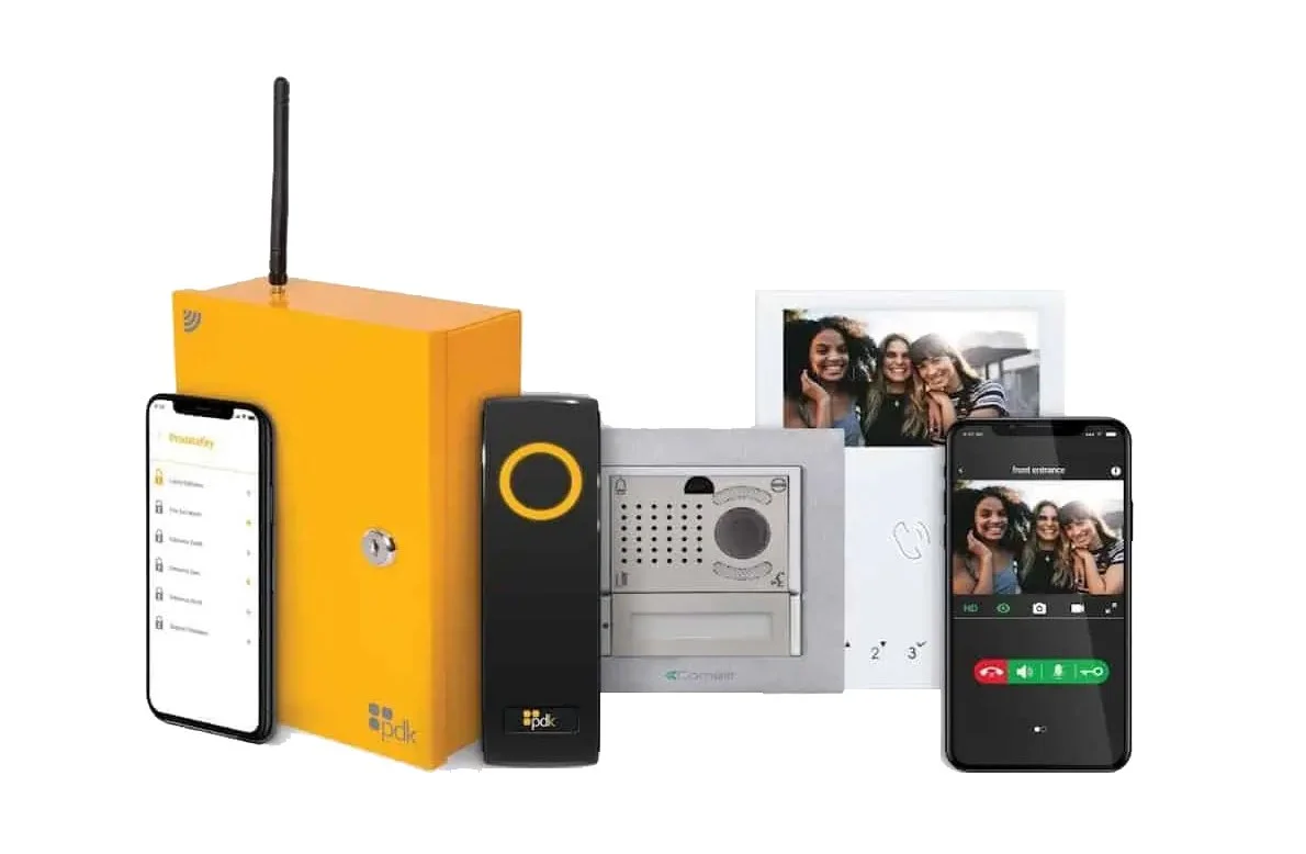 Video intercom system with a yellow outdoor unit, a black indoor monitor, a camera, and smartphones showing a video call with a group of three women smiling.