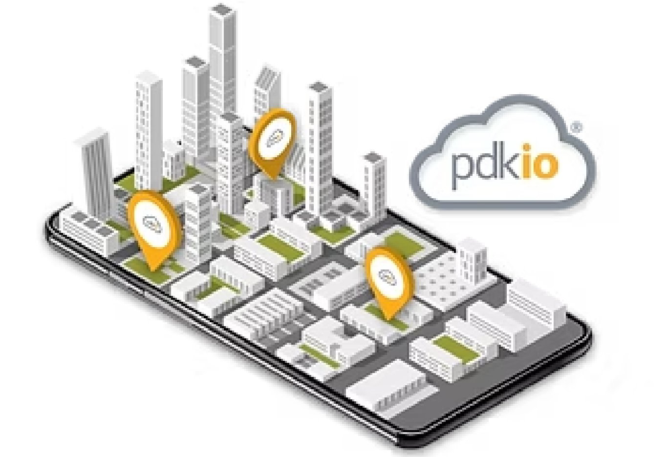 Illustration of a cityscape on a smartphone with location markers and a cloud labeled 'pkiO'