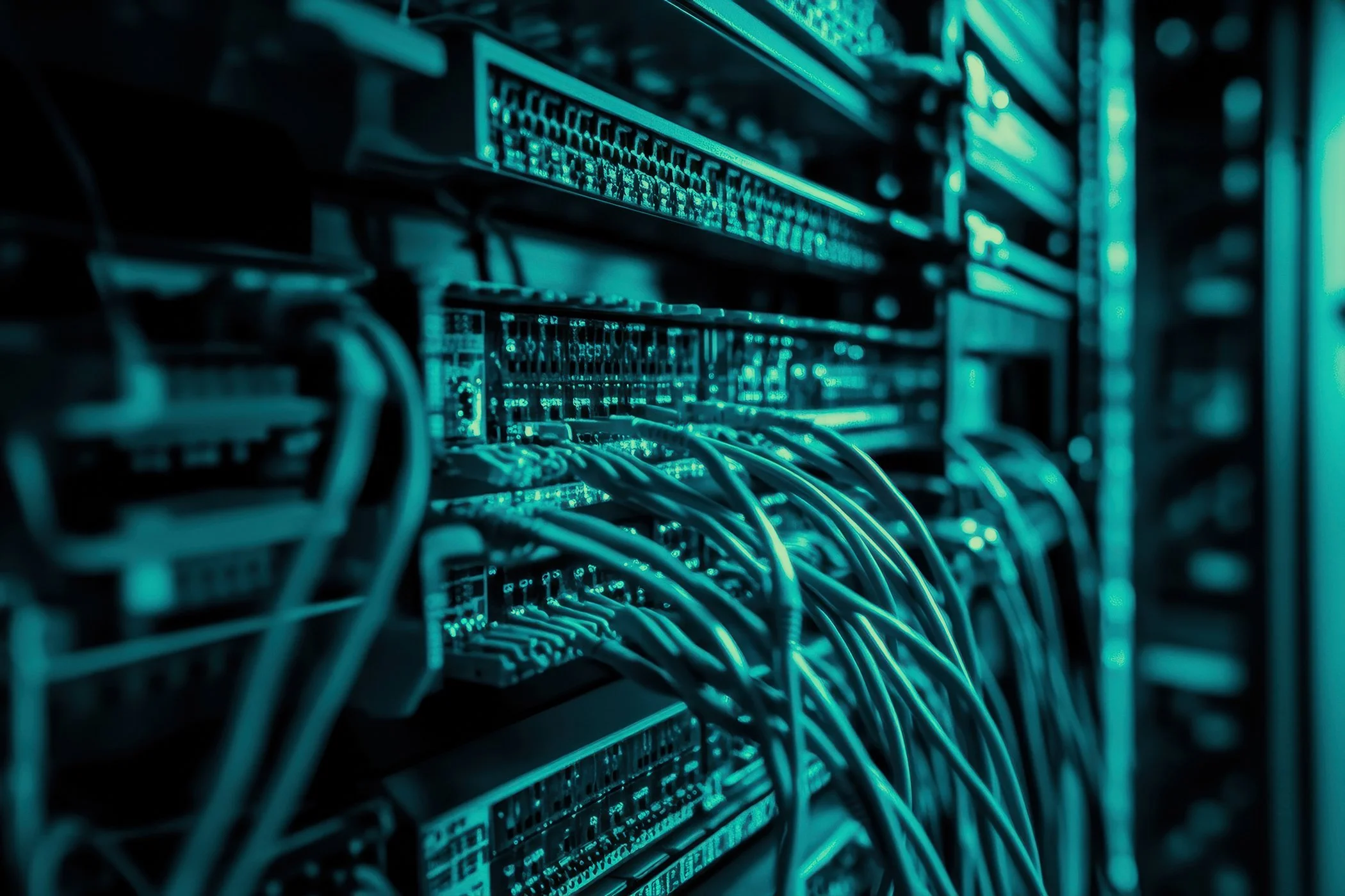 Server racks with network cables in a data center, illuminated by blue lighting.