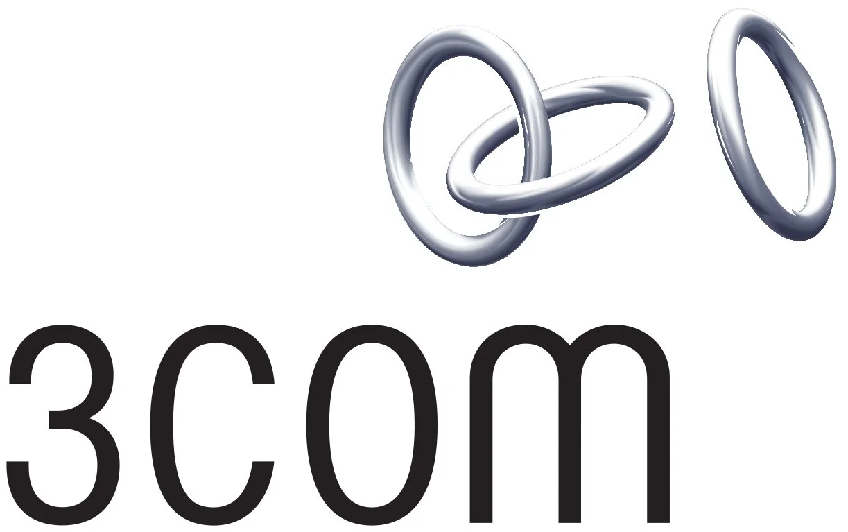 Three metallic rings and the text '3com' in black.