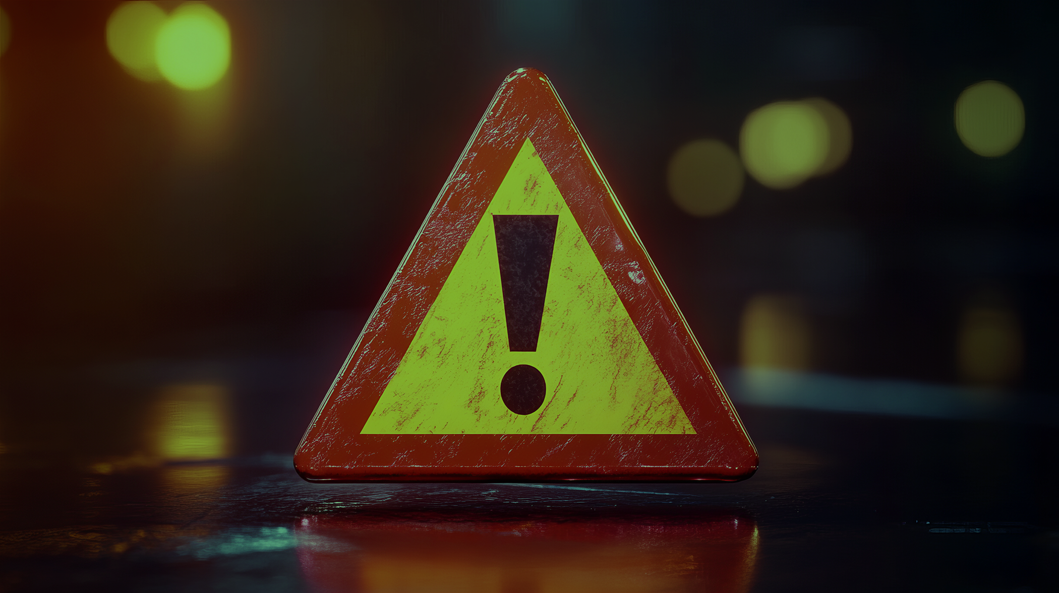 A yellow warning triangle with a black exclamation mark inside, placed on a wet surface at night with blurred lights in the background.