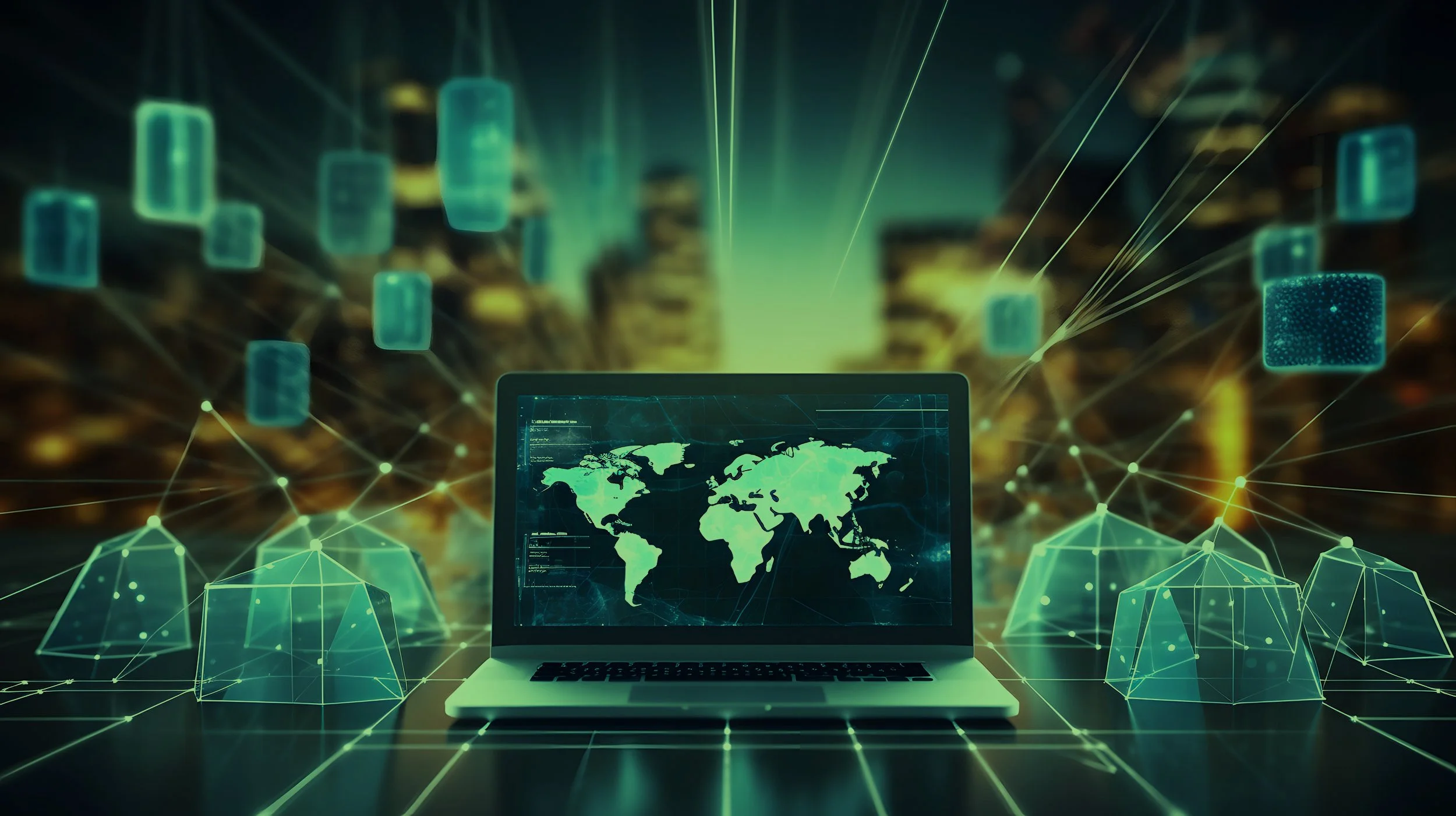 A laptop displaying a world map on its screen, surrounded by digital 3D geometric shapes and connecting lines, with a cityscape in the background, representing technology and global connectivity.