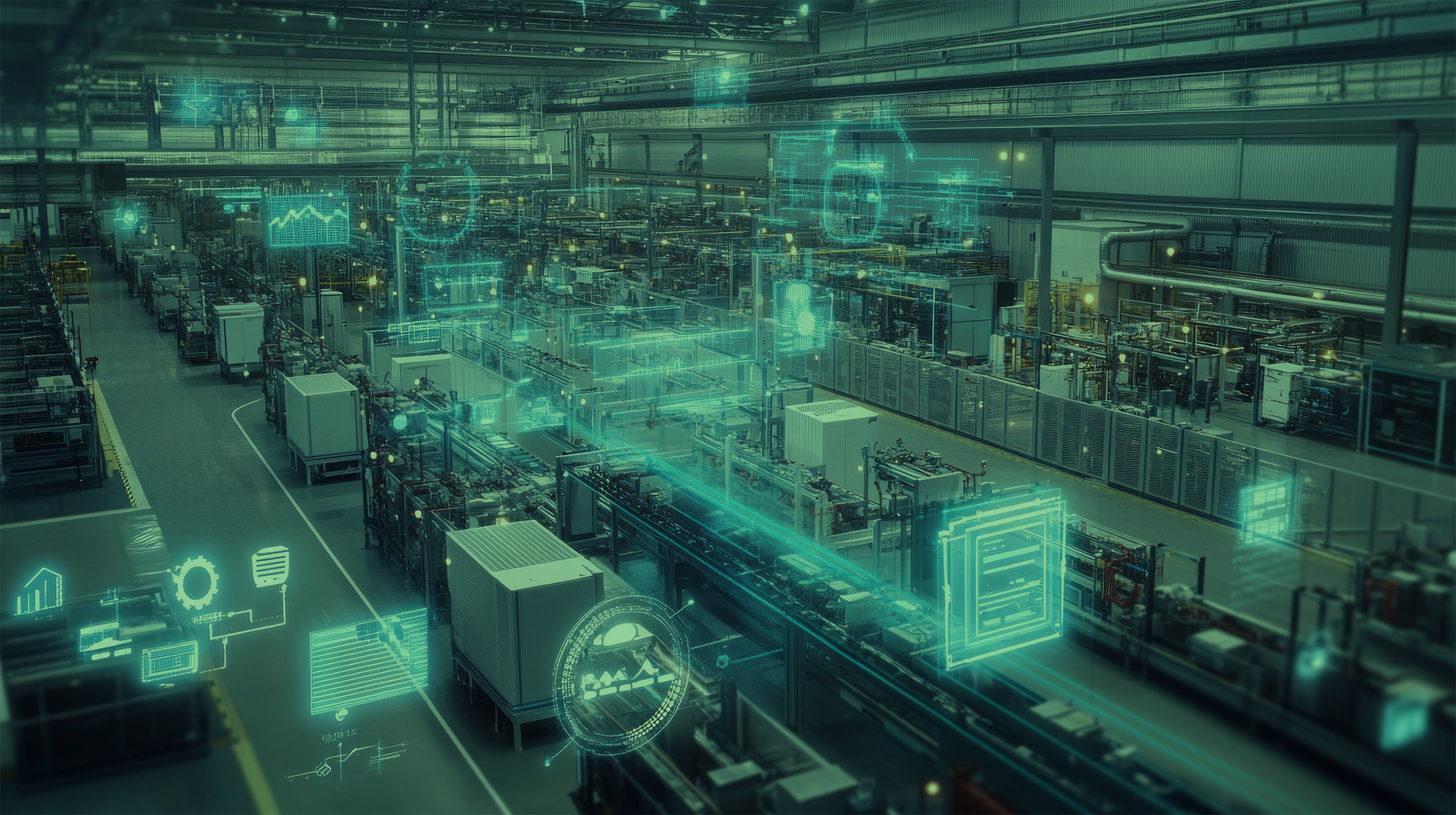 A modern industrial factory with automated machinery, digital overlays, and data analytics visuals.