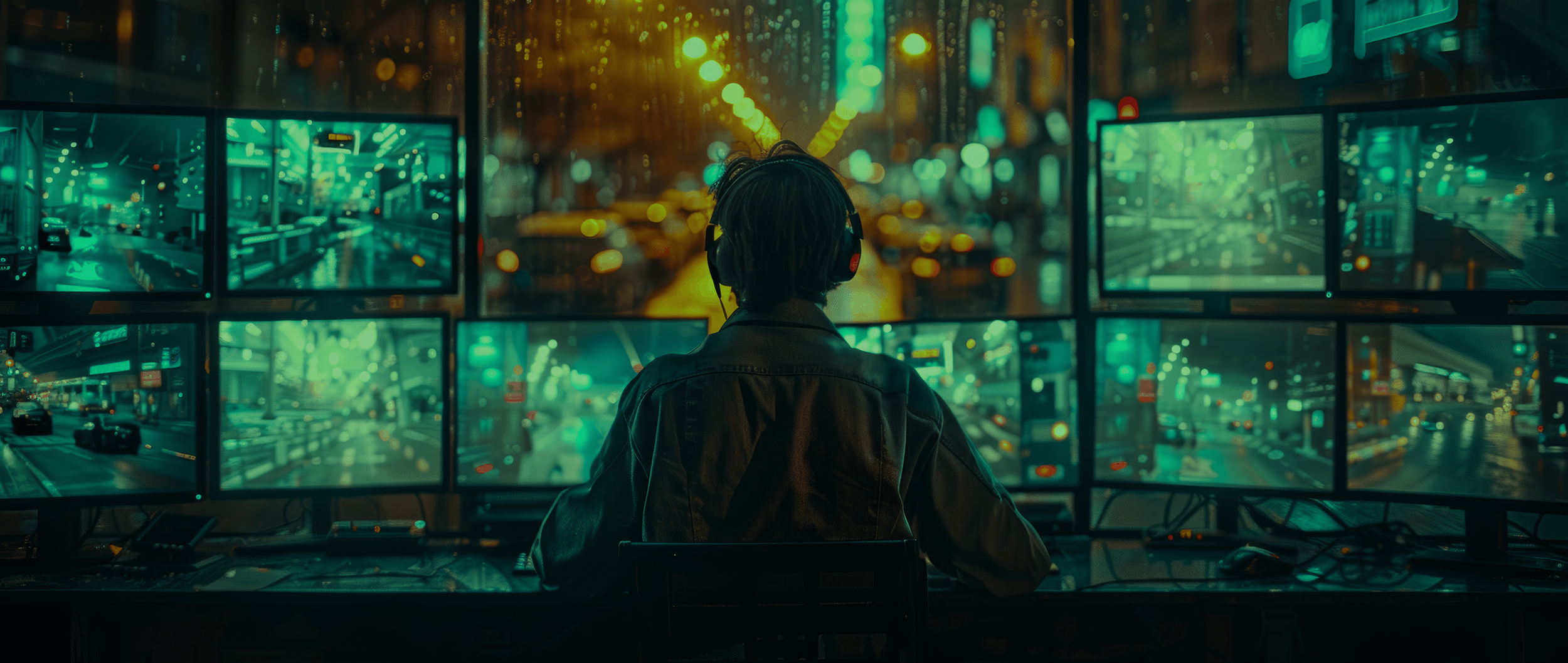 A person wearing headphones working at a control station with multiple monitors displaying a city street scene at night.