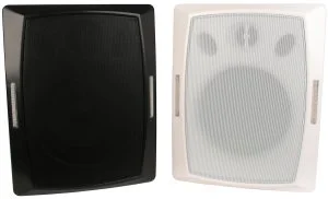 Two loudspeakers, one black and one white, positioned side by side.