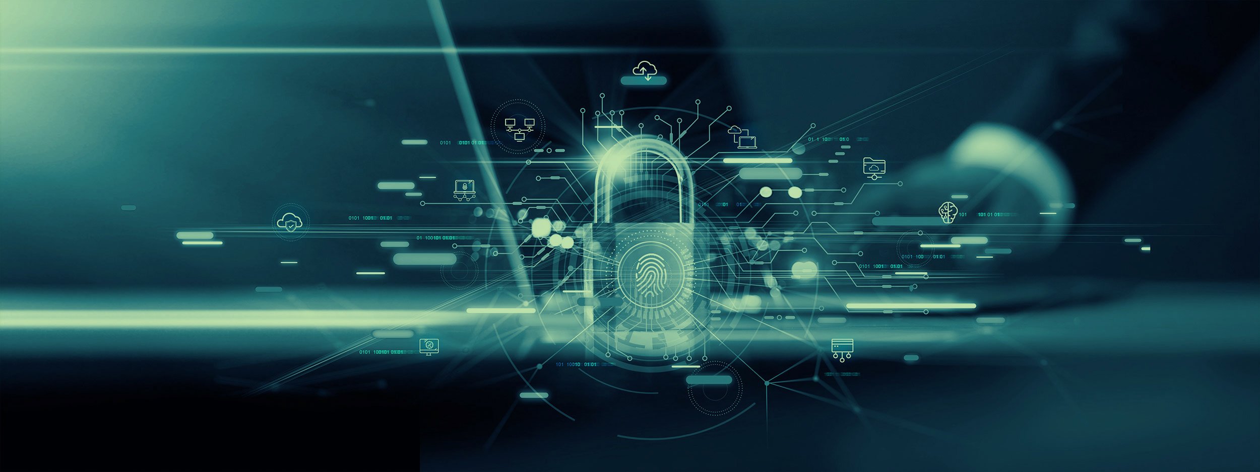Digital graphic of a lock with a fingerprint scanner, surrounded by interconnected icons of cloud computing, computers, data, and security symbols.