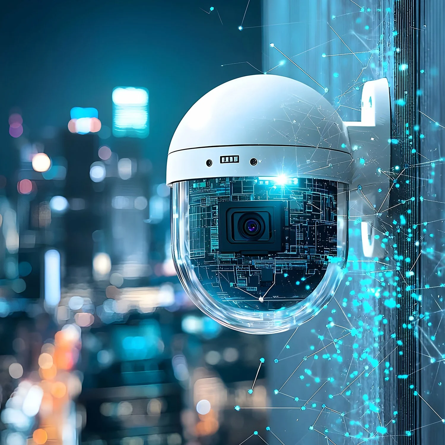 A security camera with a high-tech digital background and city lights in the distance.