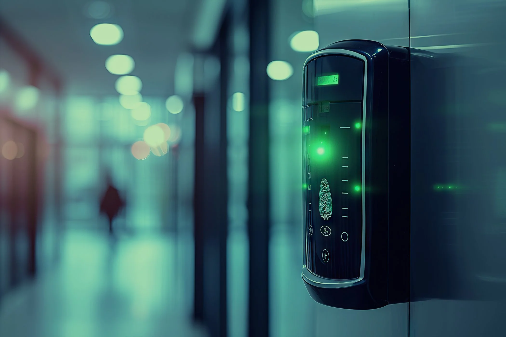 Security access reader with fingerprint scanner and green indicator lights on a wall in a modern hallway.