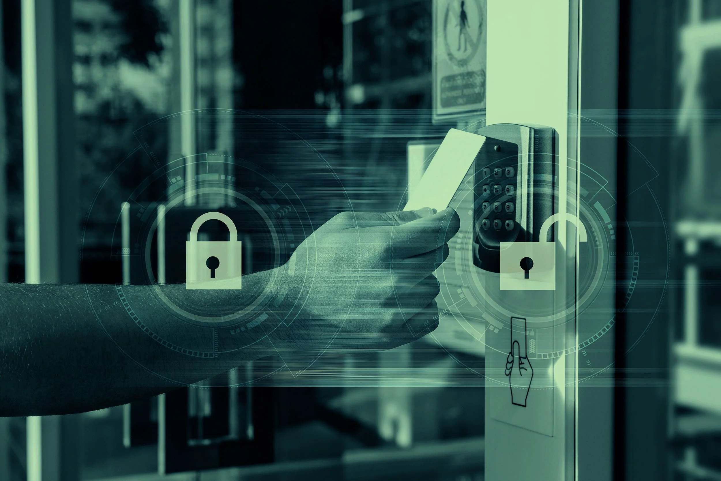 Person using a smartphone to unlock a door with an electronic keypad lock, with digital lock icons overlayed.