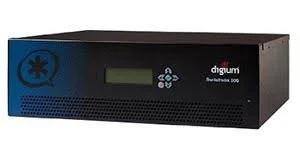 Black digital alarm clock with a green display on a white background.