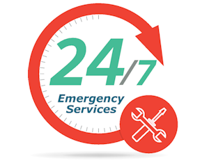 24/7 emergency services logo with red arrow circle and a wrench and screwdriver icon.
