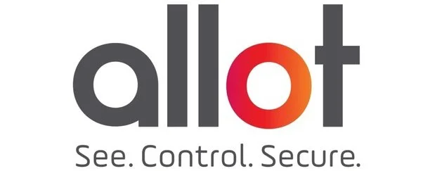 Logo with the word 'allot' in lowercase letters, with the letters 'a', 'l', 'l', and 't' in gray and the 'o' in red and orange. Below the logo, the tagline reads 'See. Control. Secure.'