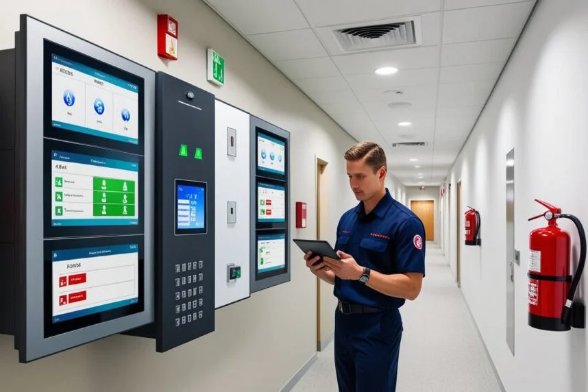 A man in a blue uniform standing in a corridor, using a tablet, with fire extinguishers and fire alarm signs on the wall.