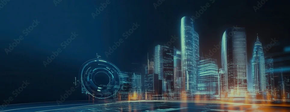 Futuristic digital cityscape with illuminated skyscrapers and holographic interface elements at night.